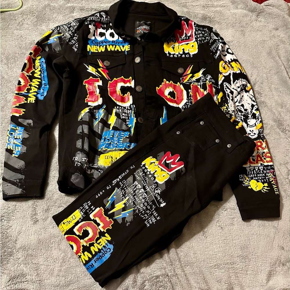 The Copper Rivet black denim jacket/jeans set. Jacket size large,  jeans 36/32